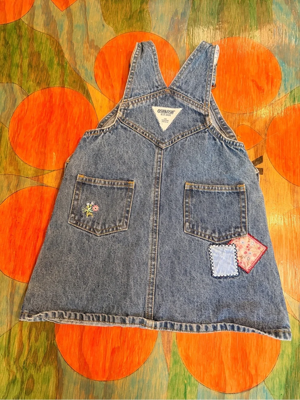 Oshkosh B'Gosh Girl's Denim Overall Dress 2T Patchwork Multicolored Adjustable S